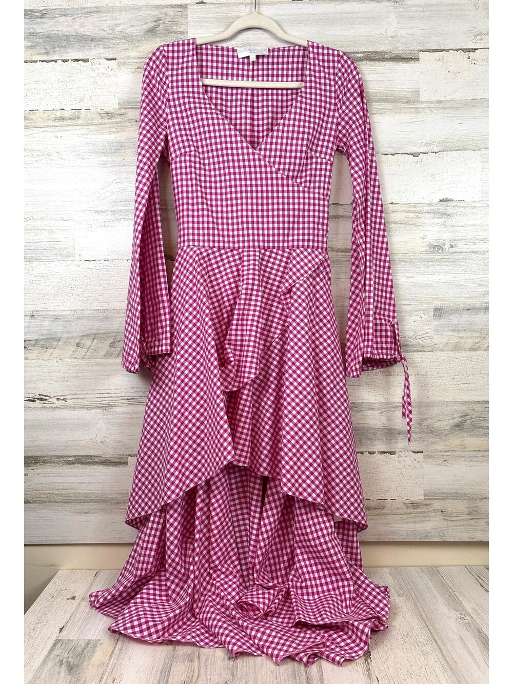 Caroline Constas XS Pink White Plaid Maxi Dress Designer Coastal Romantic